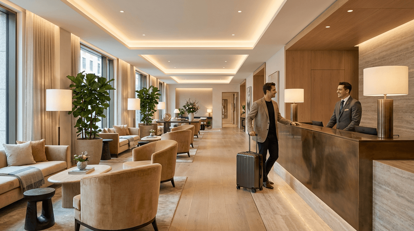 Luxury hotel lobby with warm ambient lighting and reception